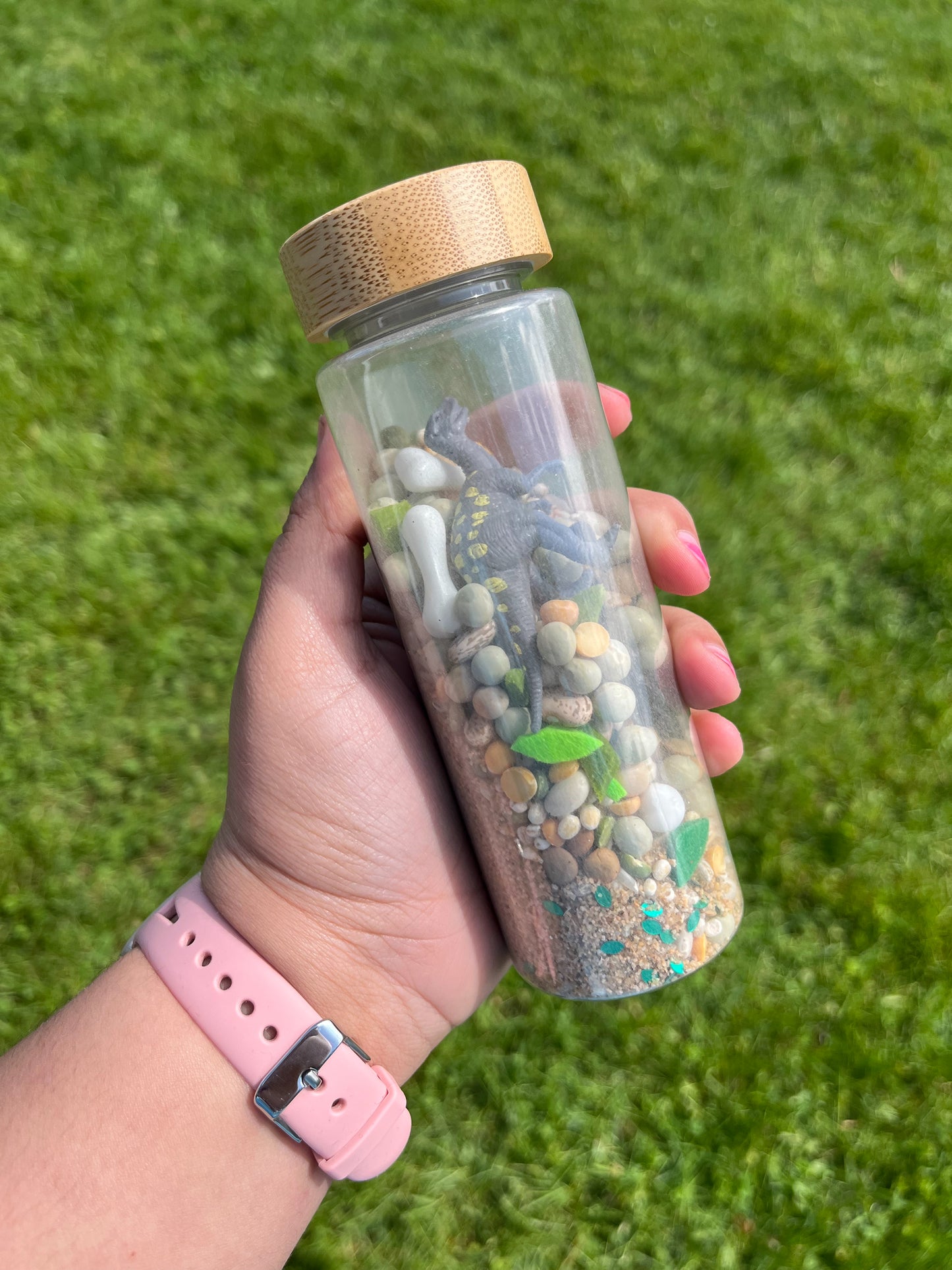 Dino Sensory Shaker Bottle |  Montessori fidget Bamboo Bottle