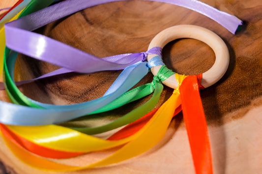 Rainbow Ribbon Ring Wooden Sensory Baby Toy | Real Wood Handmade Baby Shower Gift stroller toy